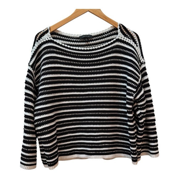 Ann Taylor Open Knit Black White Stripe Knit  Cotton  3/4 Sleeve Sweater Size XL - Picture 1 of 6